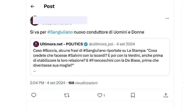 Commento pubblicato su X