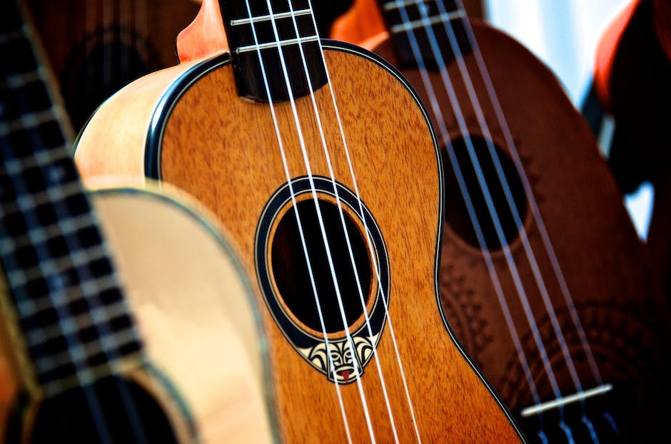Illustration of the parts of an ukulele, including the body, strings, neck, head, bridge, and different models.